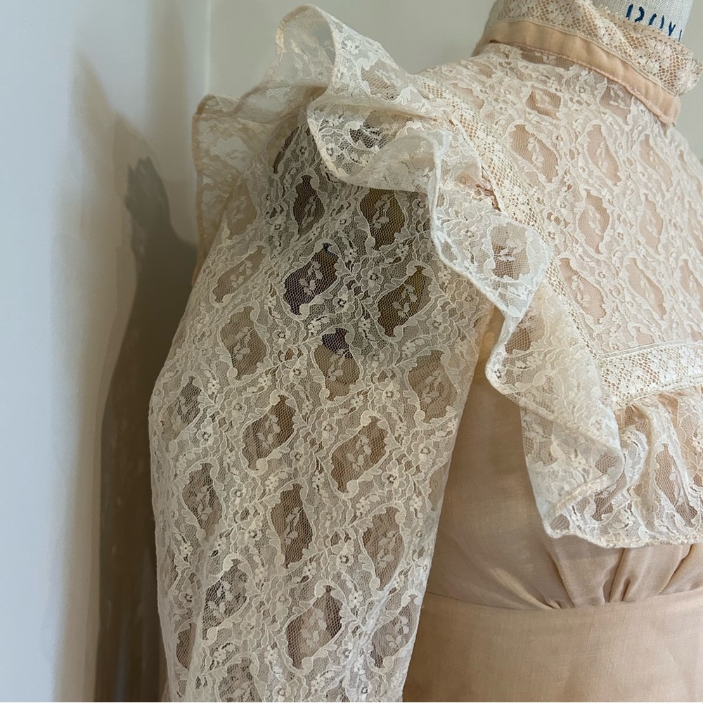 VTG 70s Gunne Sax Prairie Dress Gown Blush Pink Lace Prom Homecoming Sz 9 - Picture 8 of 9